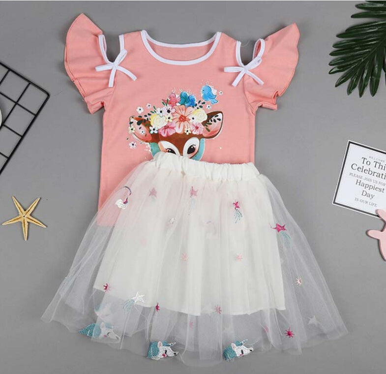 T-shirt à manches courtes et jupe bouffante à imprimé dessin animé pour fille
