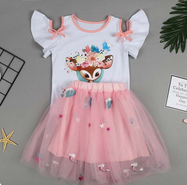 T-shirt à manches courtes et jupe bouffante à imprimé dessin animé pour fille