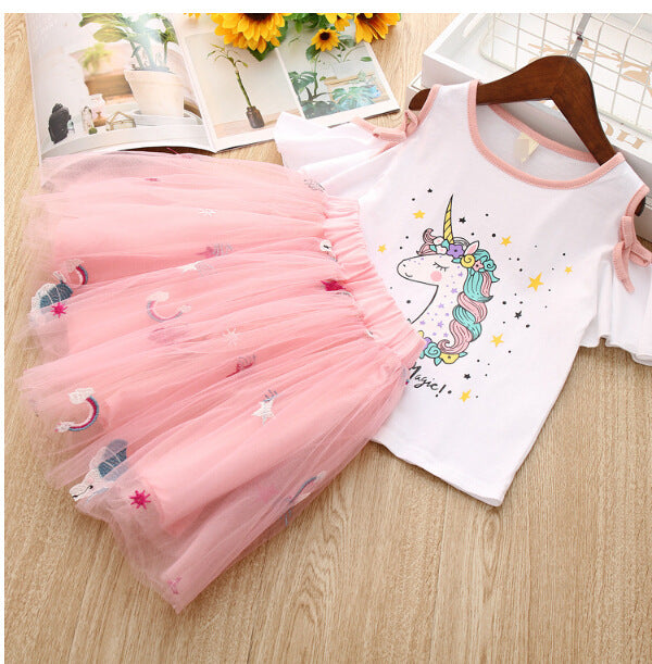T-shirt à manches courtes et jupe bouffante à imprimé dessin animé pour fille