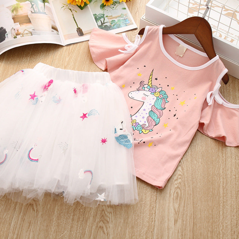 T-shirt à manches courtes et jupe bouffante à imprimé dessin animé pour fille