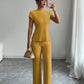 Solid-color Short-sleeve Top And Ribbed Casual Pants Set