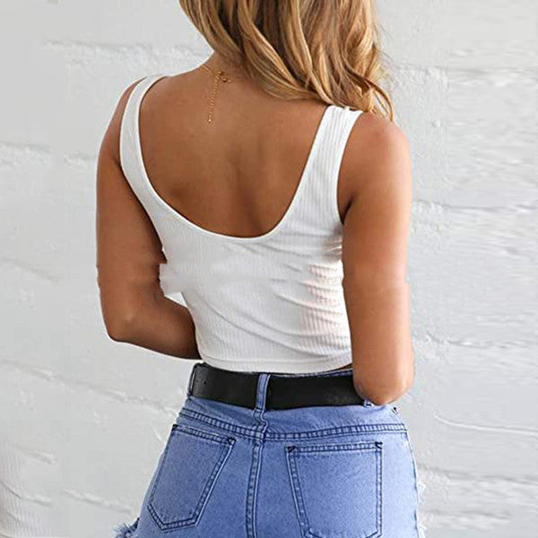 Slim Ladies Button-Embellished Ribbed Umbilical Short Vest Top