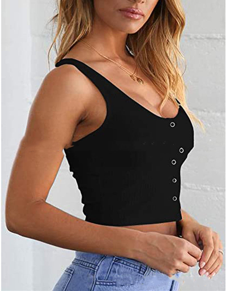 Slim Ladies Button-Embellished Ribbed Umbilical Short Vest Top