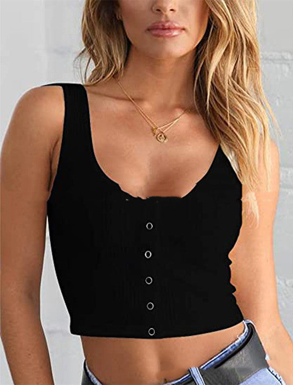 Slim Ladies Button-Embellished Ribbed Umbilical Short Vest Top