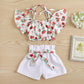 White Printed Rose Flower Off Shoulder Short Top  White Fashion Shorts With Belt