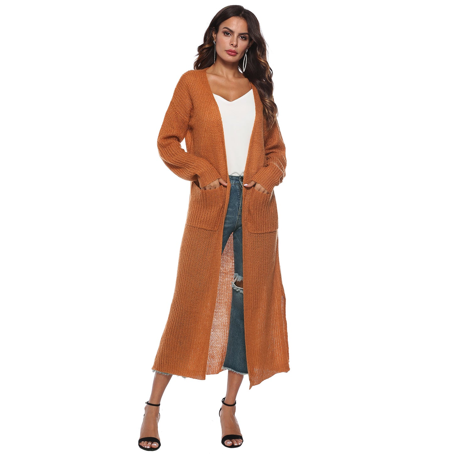 Cardigan femme avec grandes poches, cardigan long et fin