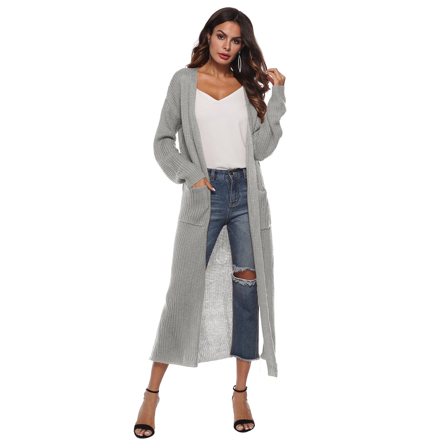 Cardigan femme avec grandes poches, cardigan long et fin