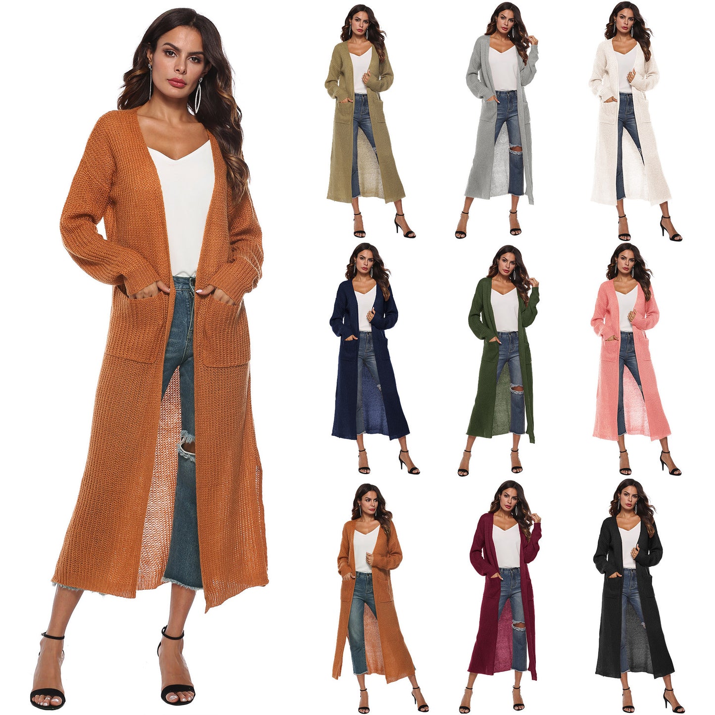 Cardigan femme avec grandes poches, cardigan long et fin