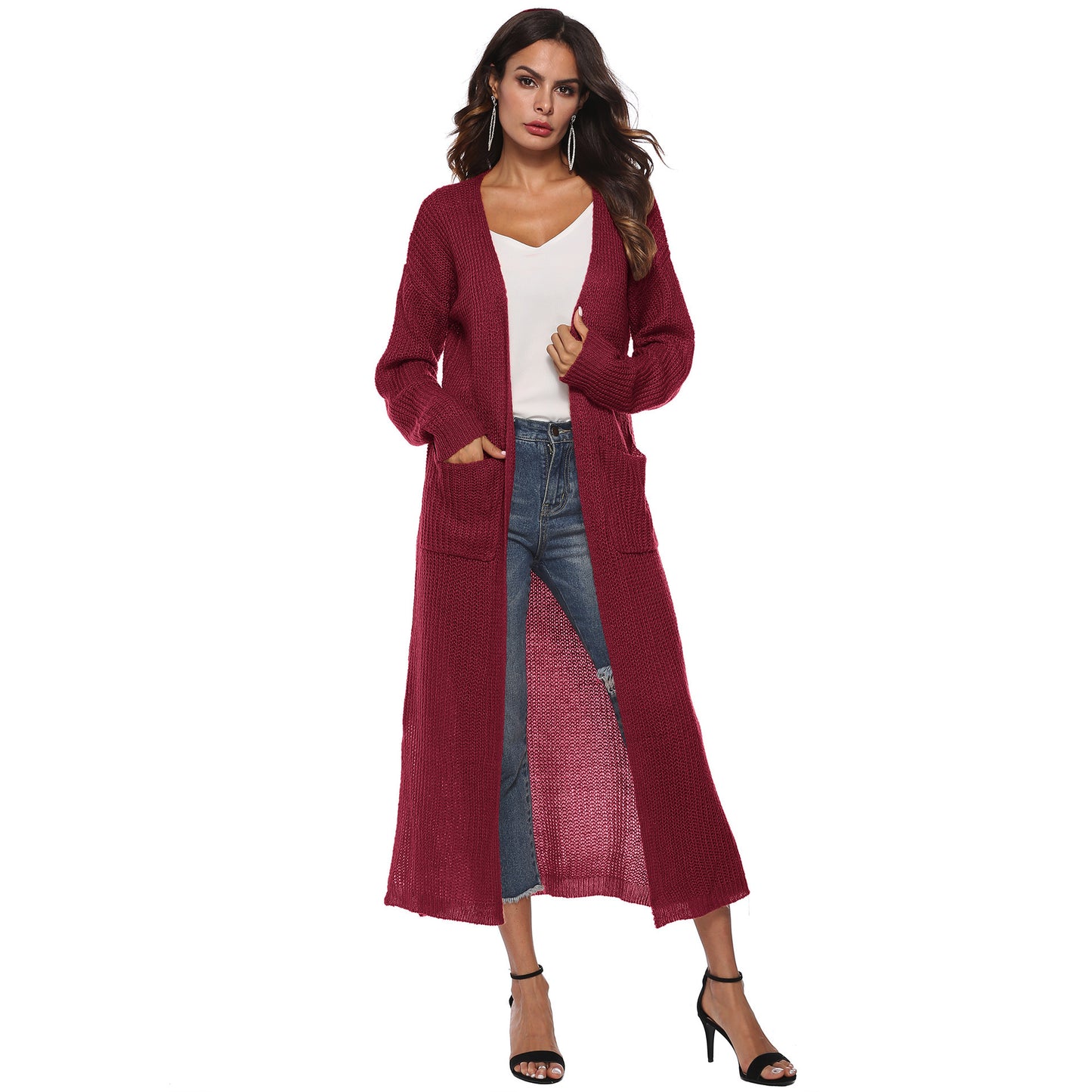 Cardigan femme avec grandes poches, cardigan long et fin