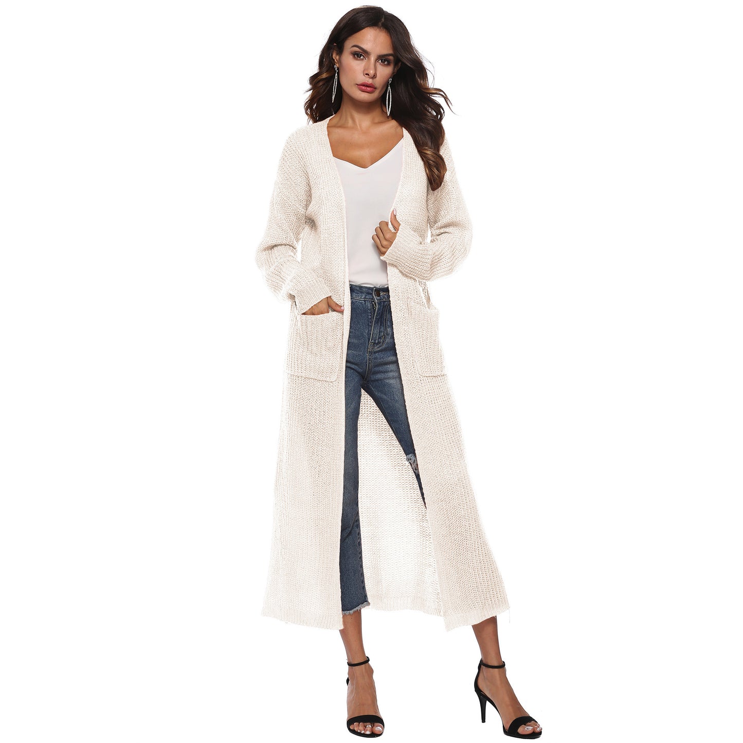 Cardigan femme avec grandes poches, cardigan long et fin