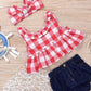 Ensemble trois pièces pour enfant, haut à carreaux, short en jean, coiffe