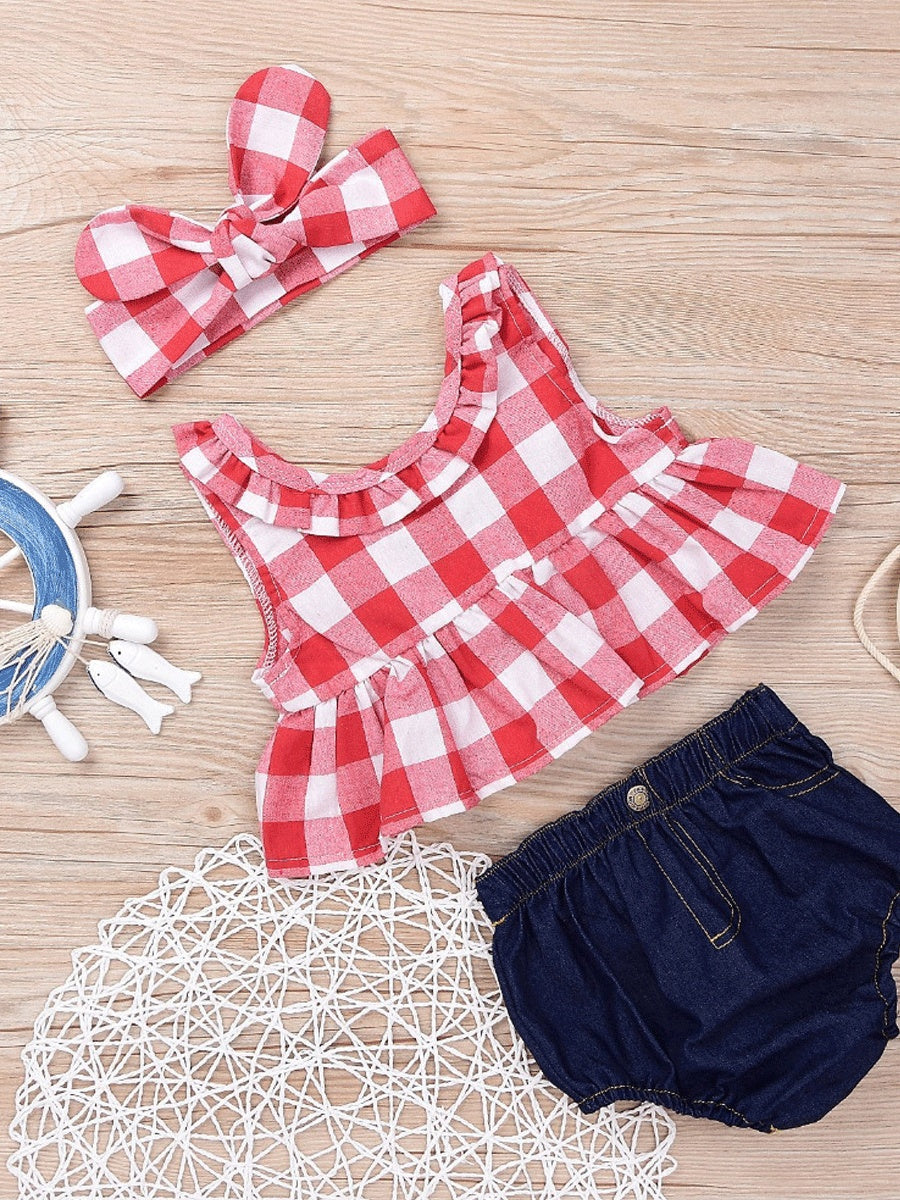 Ensemble trois pièces pour enfant, haut à carreaux, short en jean, coiffe