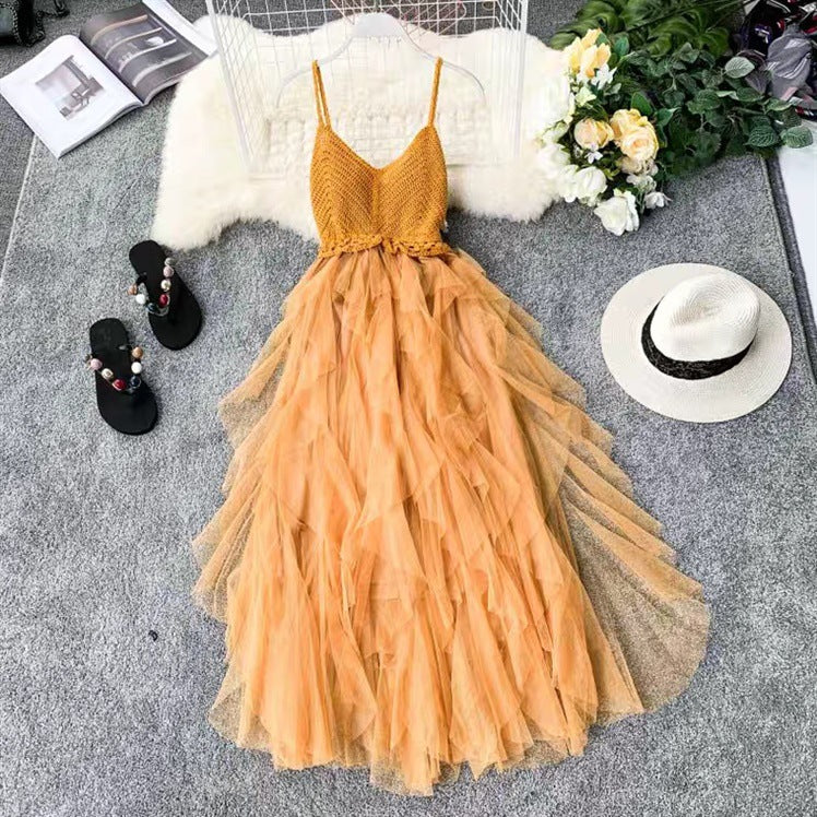 Irregular Net Yarn Fluffy Cake Fairy Skirt Knitted Stitching Suspender Skirt
