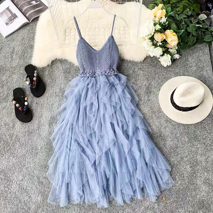 Irregular Net Yarn Fluffy Cake Fairy Skirt Knitted Stitching Suspender Skirt