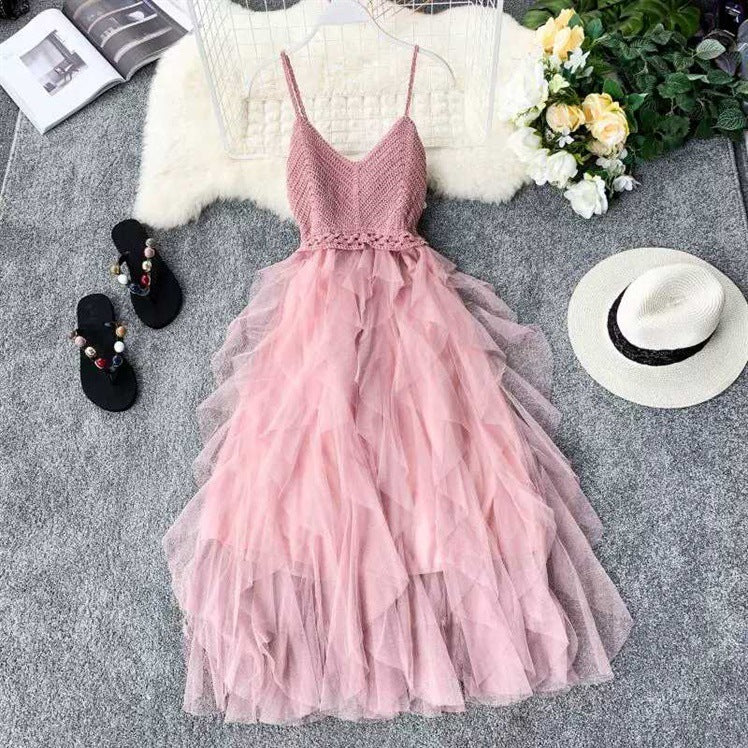 Irregular Net Yarn Fluffy Cake Fairy Skirt Knitted Stitching Suspender Skirt