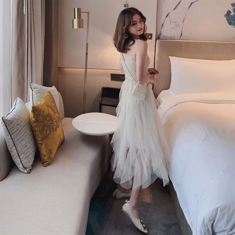 Irregular Net Yarn Fluffy Cake Fairy Skirt Knitted Stitching Suspender Skirt