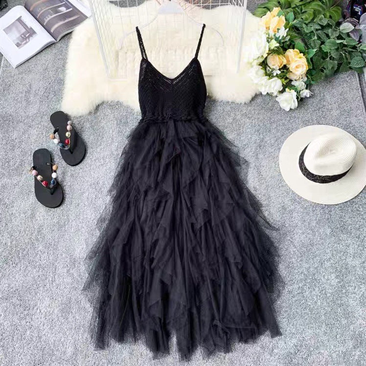 Irregular Net Yarn Fluffy Cake Fairy Skirt Knitted Stitching Suspender Skirt
