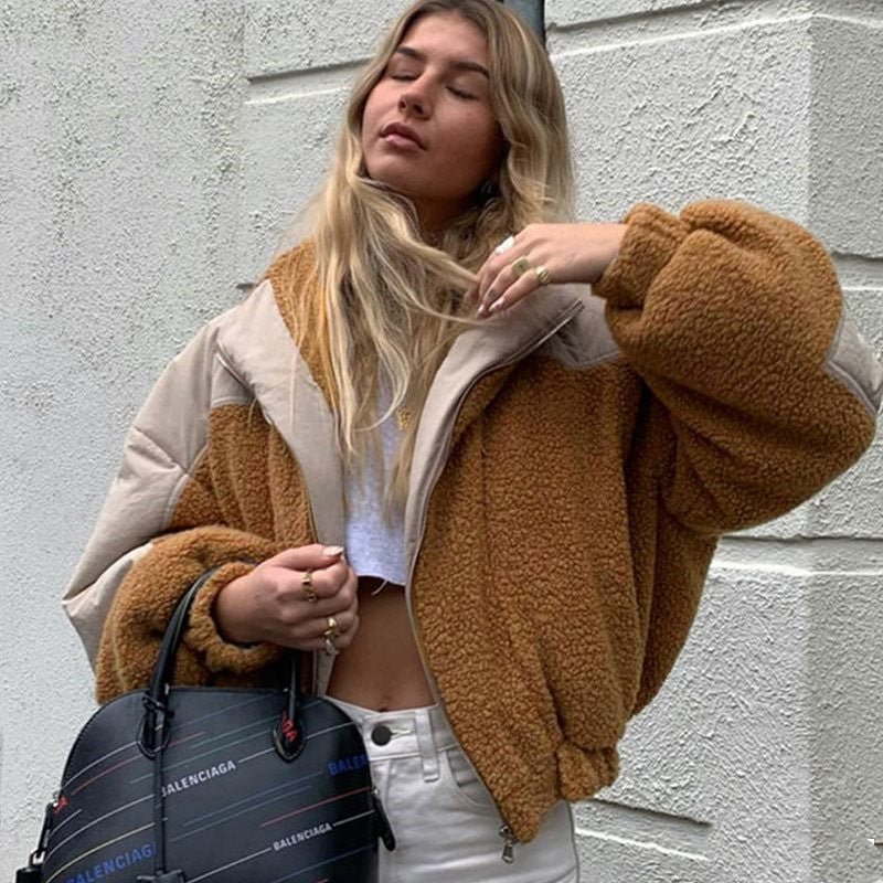 Women's High Neck Hooded Stitching Zipper Cardigan Jacket
