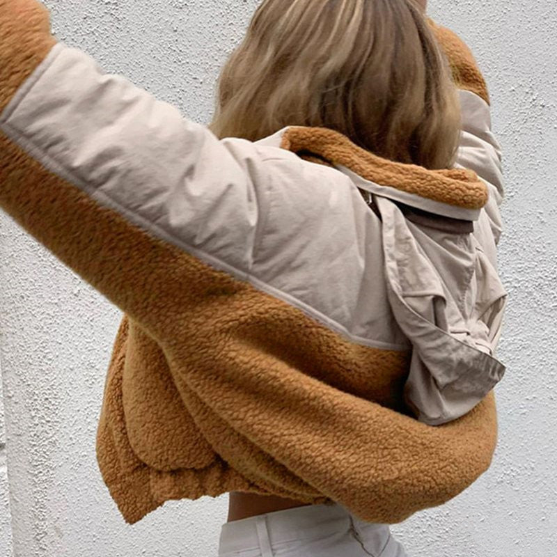 Women's High Neck Hooded Stitching Zipper Cardigan Jacket