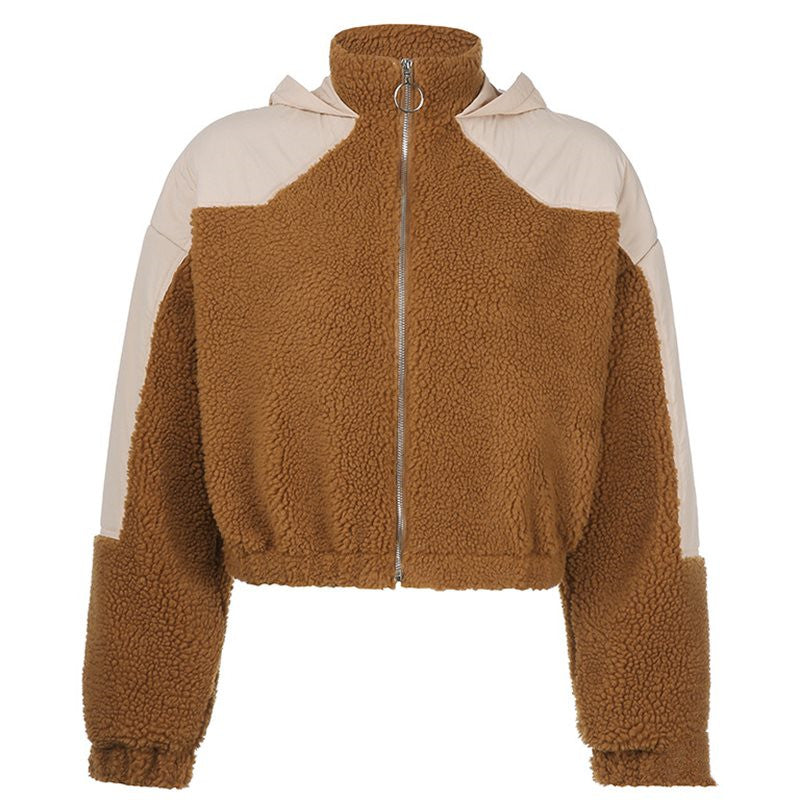 Women's High Neck Hooded Stitching Zipper Cardigan Jacket