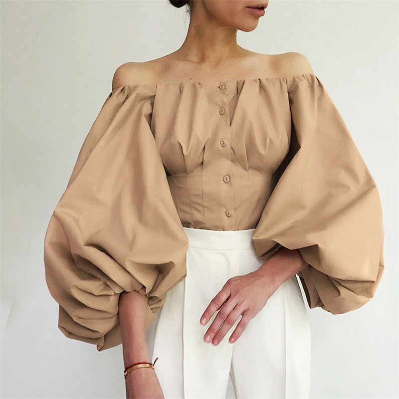 Long Sleeve Puff Lantern Sleeve Falling Shoulder European and American Women's Shirt