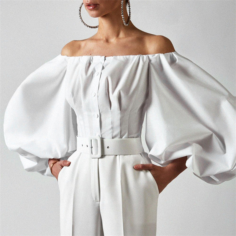 Long Sleeve Puff Lantern Sleeve Falling Shoulder European and American Women's Shirt