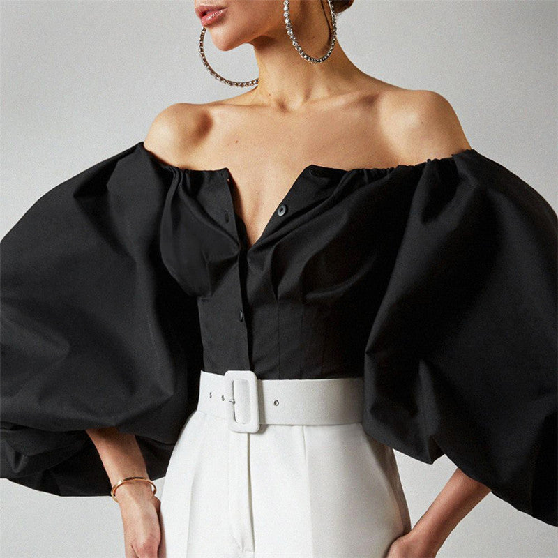 Long Sleeve Puff Lantern Sleeve Falling Shoulder European and American Women's Shirt