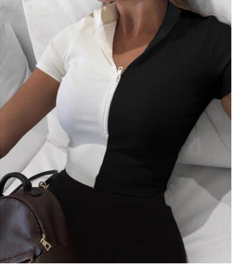 New Black And White Stitching Slim Short-Sleeved Top