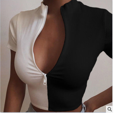 New Black And White Stitching Slim Short-Sleeved Top