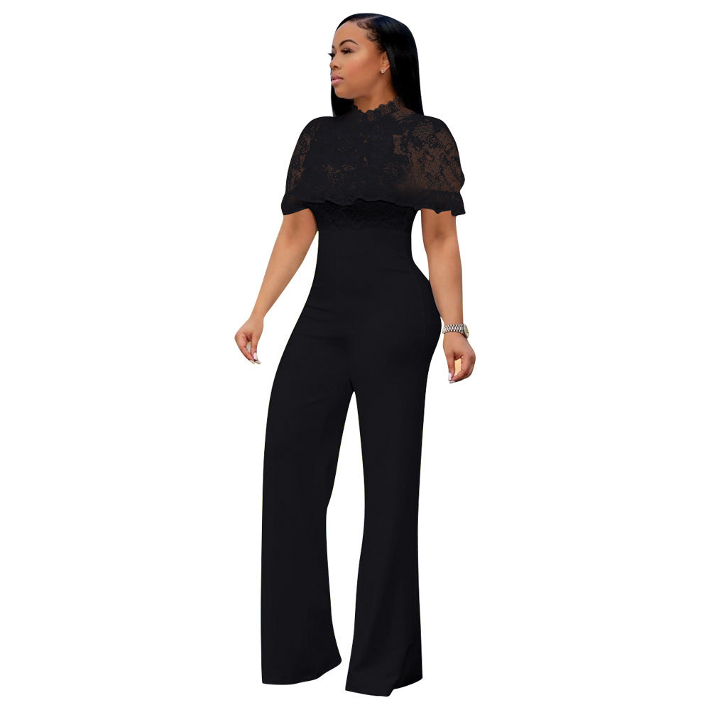 Lace High Waist Solid Color Jumpsuit