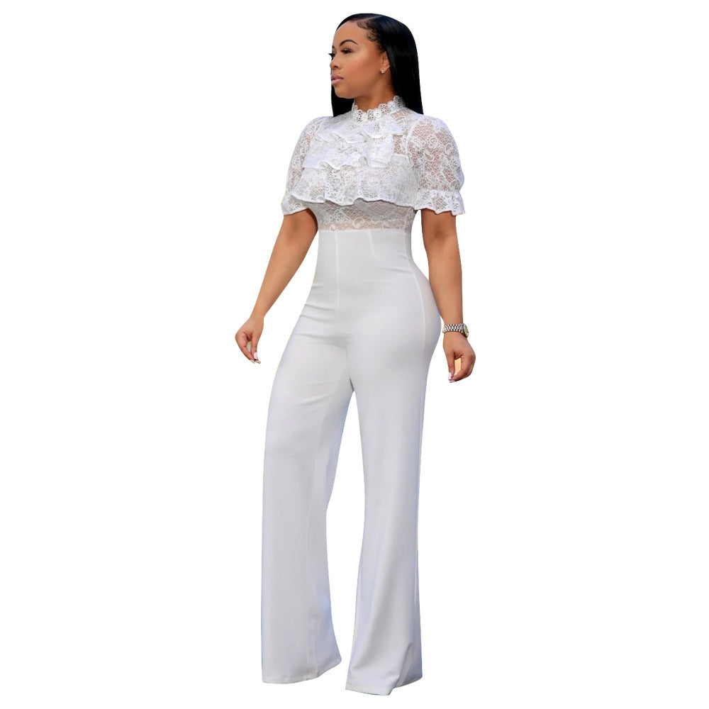 Lace High Waist Solid Color Jumpsuit