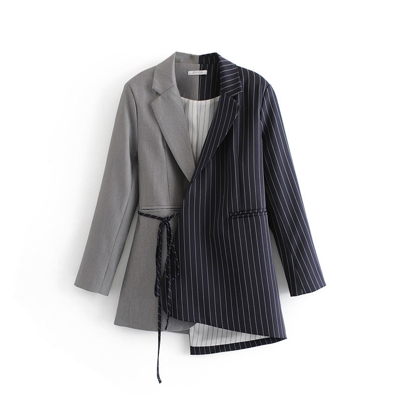 Stitching Asymmetric Casual Top With Lace-Up Slim Mid-Length Blazer