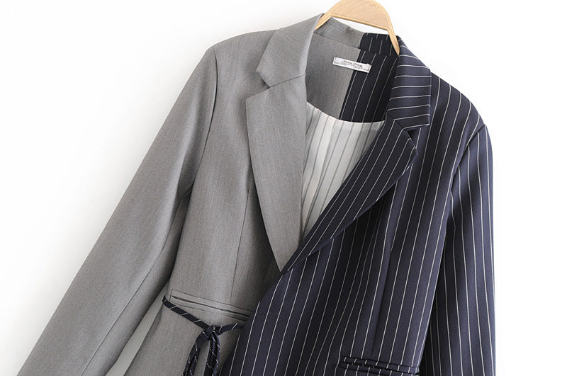 Stitching Asymmetric Casual Top With Lace-Up Slim Mid-Length Blazer