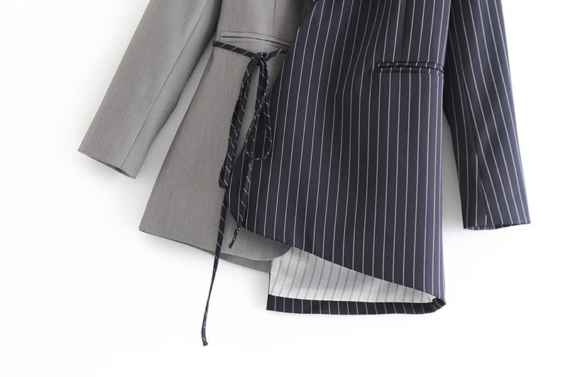 Stitching Asymmetric Casual Top With Lace-Up Slim Mid-Length Blazer
