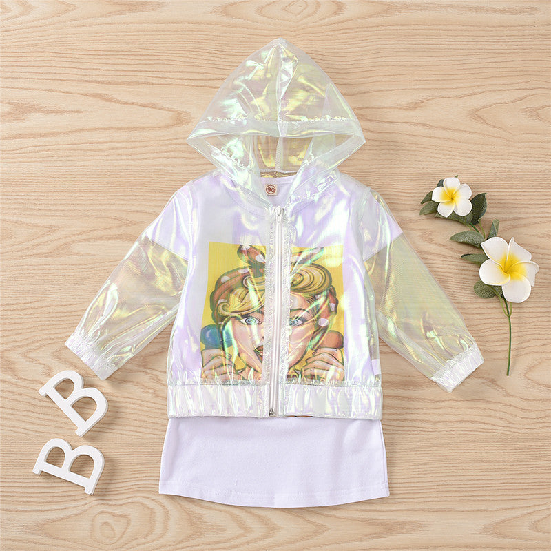 Veste à capuche en organza transparent et jupe à imprimé dessin animé