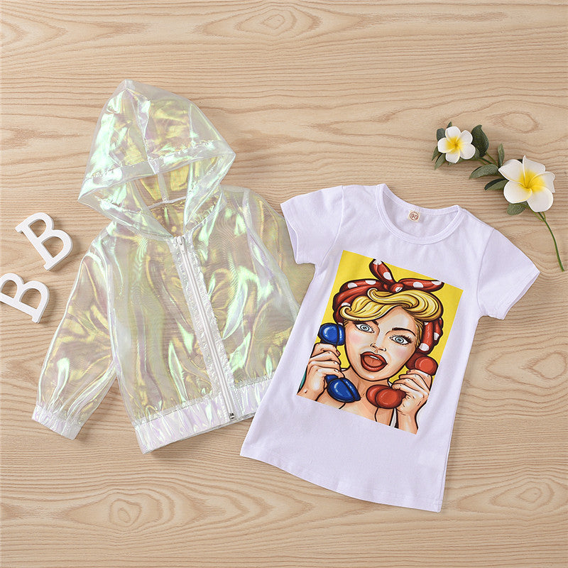 Veste à capuche en organza transparent et jupe à imprimé dessin animé