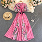 European And American Ins Design Sense Niche Printed Puff Sleeves Elegant Lace Bow Knot Color Matching Printed Long Dress