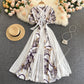 European And American Ins Design Sense Niche Printed Puff Sleeves Elegant Lace Bow Knot Color Matching Printed Long Dress