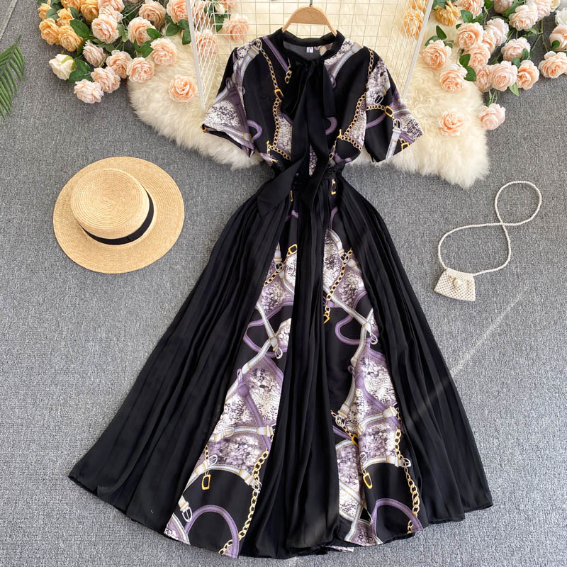 European And American Ins Design Sense Niche Printed Puff Sleeves Elegant Lace Bow Knot Color Matching Printed Long Dress