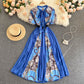 European And American Ins Design Sense Niche Printed Puff Sleeves Elegant Lace Bow Knot Color Matching Printed Long Dress