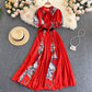 European And American Ins Design Sense Niche Printed Puff Sleeves Elegant Lace Bow Knot Color Matching Printed Long Dress