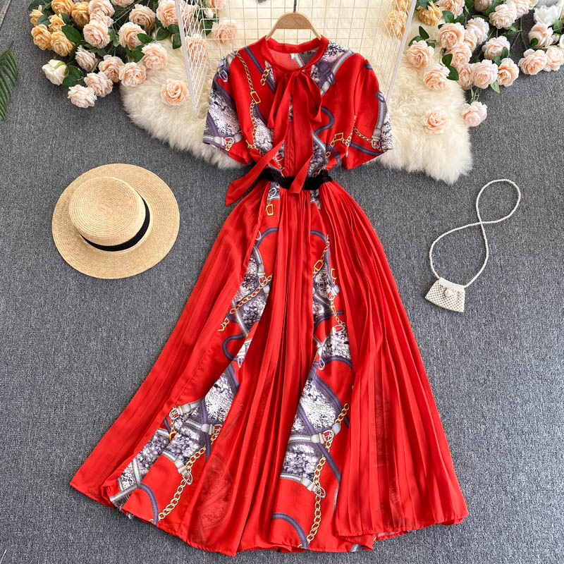 European And American Ins Design Sense Niche Printed Puff Sleeves Elegant Lace Bow Knot Color Matching Printed Long Dress