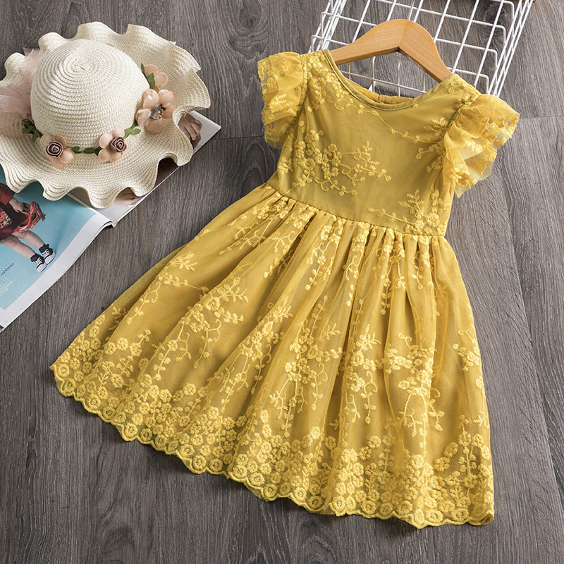 Robe décontractée en maille brodée en forme de feuille de lotus à manches courtes, couleur unie