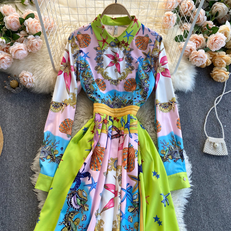 Bohemian Vintage Print High Sense Dress Lapel