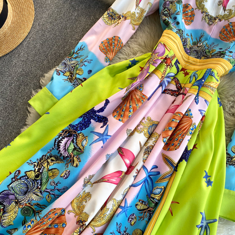 Bohemian Vintage Print High Sense Dress Lapel