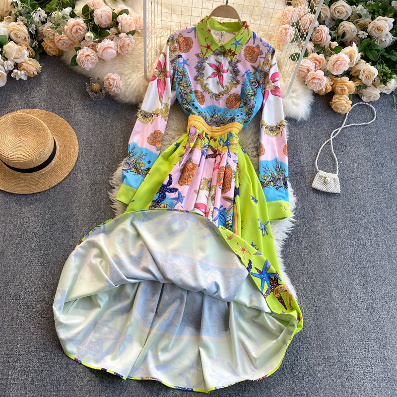 Bohemian Vintage Print High Sense Dress Lapel