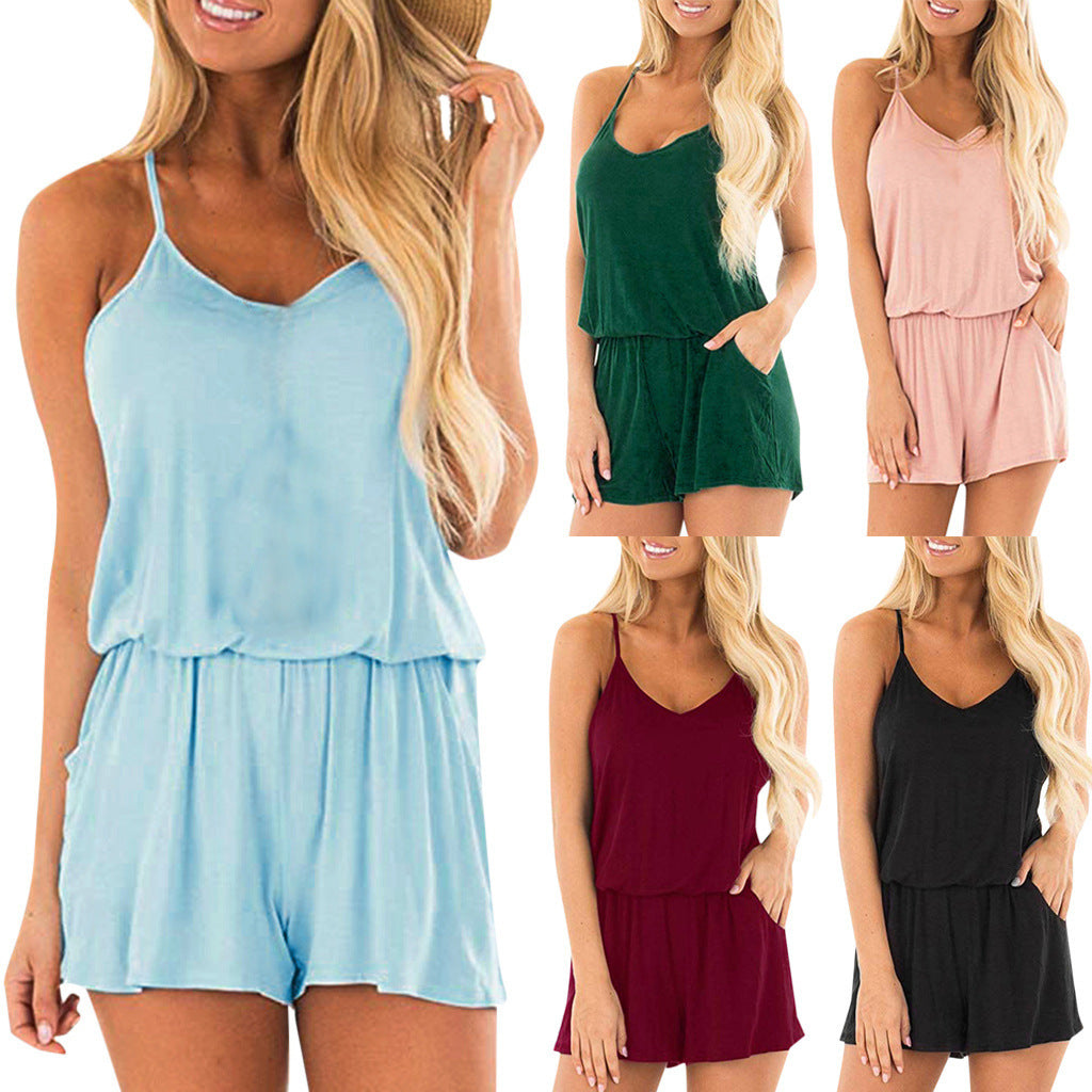 Combinaison short à col en V et poches de couleur unie pour femme