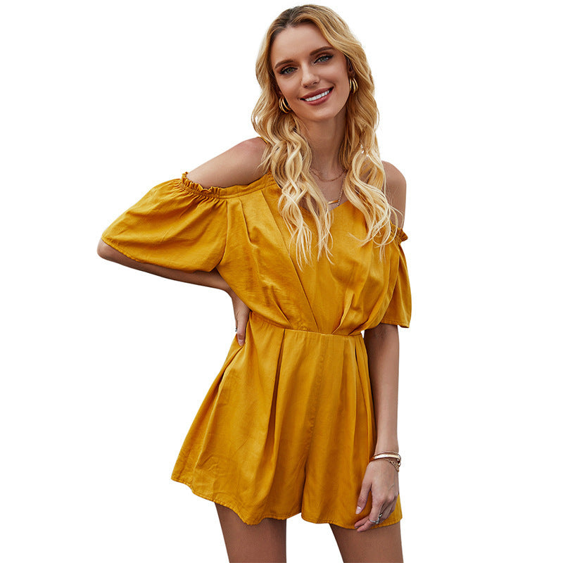 Solid Color One-shoulder Sling Pleated Jumpsuit