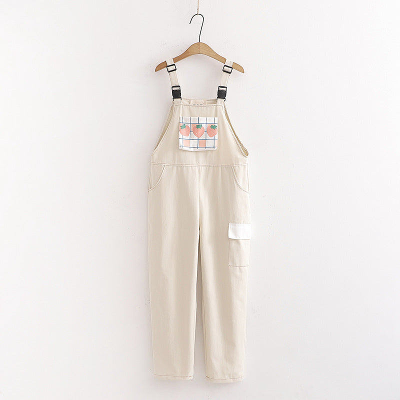 Harajuku Kawaii Strap Pants Women Sweet Plaid Strawberry