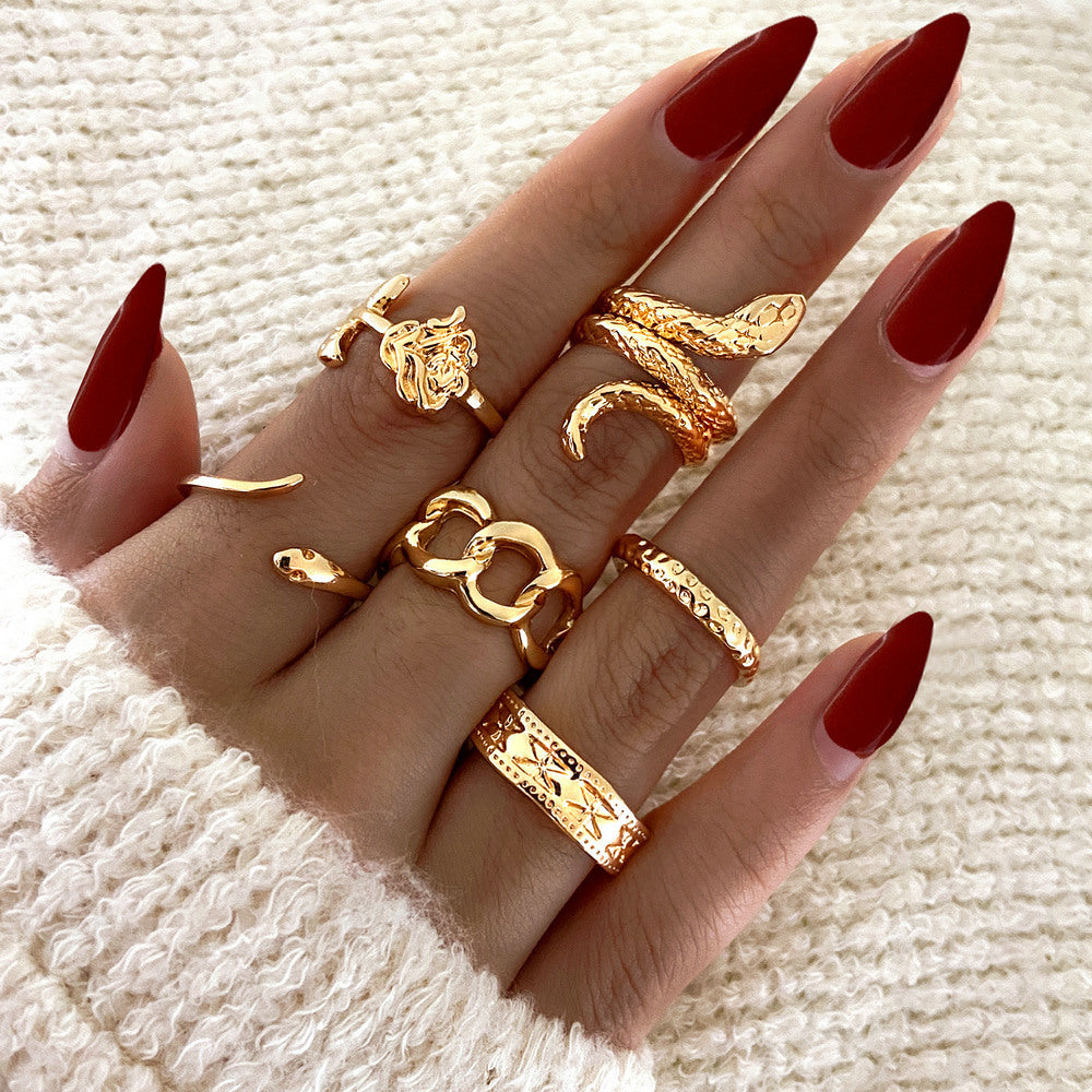 European And American Cross-Border New Metal Joint Ring Creative Personality Snake-Shaped Rose Chain Ring 6-Piece Set